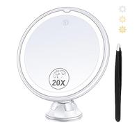 MIYADIVA Specchio ingranditore 20X con luce, specchio ingranditore illuminato con ventosa e pinzette, specchio per trucco con ingrandimento a 3 colori, rotazione a 360°, specchio per trucco con
