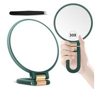 MIYADIVA Specchio ingranditore portatile, doppio lato, specchio da viaggio con ingrandimento 30X/1X, manico regolabile a 360° e pinzette di precisione, specchio portatile multiuso per il trucco, verde
