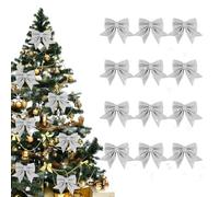 mizikuu 12 Pezzi Fiocchi Decorativi Albero di Natale, Fiocchi di Nastro di Natale con Paillettes Fai da Te Natalizio Fiocchetti per Decorare Albero di Natale e Confezione Regalo, Argentato