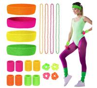 mizikuu Neon Sweatband Set 80s, 20 Pezzi Polsini Tennis anni 80 Color Neon Retro Party Accessori Collana Colorata per Festa a Tema, Carnevale Partito Addio al Nubilato,Accessori Anni Donna