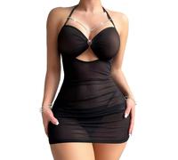 MIZSPISE Abito Elegante Donna Intimo Sexy Transparent Vestito Curvy Festa Cerimonia Seducente Babydoll Cocktail (IT, Testo, Taglia Unica, Regular, Regular, Nero)
