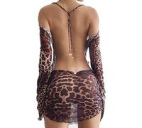 MIZSPISE Abito Sexy Mini Abito da Donna con Stampa LeopardataTrasparente Senza Schienale Corto Abito da Sera Elegante Cocktail Estivo Abiti da Festa (IT, Testo, S, Regular, Regular, Leopardato)