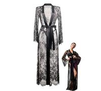 MIZSPISE Accappatoio Lungo da Donna Sexy Vestaglia in Rete Kimono Patchwork Abito da Donna Abito in Pizzo Lingerie Ricamo Pigiama (IT, Testo, Taglia unica, Regular, Regular, nero)