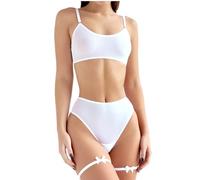 MIZSPISE Set di Lingerie Sexy da Donna, Biancheria Intima Semplice in Chiffon di Seta, Reggiseno Trasparente Senza Spalline e Mutandine a Vita Alta con Anello per Le Gambe,Negligee (Bianco, L/XL)