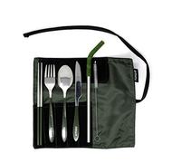 Mizu Urban - Set di posate riutilizzabili in acciaio inox, forchetta, coltello, cucchiaio, bacchette e cannuccia in due pezzi + spazzola per la pulizia, colore: Verde militare