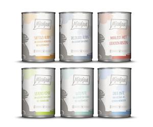 MjAMjAM Cibo umido premium per gatti, confezione mista III, pollo e zucca, tacchino, anatra e pollame, cuori, pollo, manzo, confezione da 6 (6 x 400 g), senza cereali con carne extra