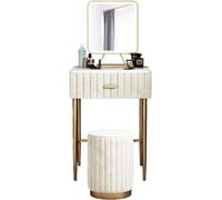 MJBDCVN Piccolo Set di Toeletta Moderni, Tavolo da Trucco con Cassetti E Specchio, Postazione Trucco con Sgabello Rotondo Imbottito, Piano in Marmo/Quadro in Ferro (Size:60cm,Color:Beige)