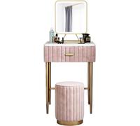 MJBDCVN Piccolo Set di Toeletta Moderni, Tavolo da Trucco con Cassetti E Specchio, Postazione Trucco con Sgabello Rotondo Imbottito, Piano in Marmo/Quadro in Ferro (Size:60cm,Color:Rosa)