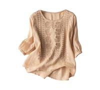MJGkhiy Camicia Donna Elegante Estiva Cotone Bianca Camicetta Maniche 3/4 con Bottoni Collo Crew Maglietta Lino T Shirt Comoda Tinta Unita Camice Offerte Vintage Classico Bluse Top Maglia Trasparente