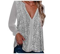 MJGkhiy Camicia Paillettes Donna Elegante Manica Lunga Brillantini Maglietta Curvy Scollo a V Camicette Glitter Cerimonia Maglietta Casual Taglie Forti Blusa Tops per Cocktail Festa Sera
