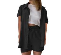 MJGkhiy Completi Estivi Donna Eleganti Cotone Corte Maniche Camicia con Bottoni e Lino Pantaloni Corti Eslatica Curvy Completo 2 Pezzi Tuta Cerimonia Leggero Tinta Unita Completa Spiaggia Estivo Tute