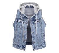 MJGkhiy Gilet Jeans Donna Corto Curvy Senza Maniche Smanicato Giubbino Jean Elegante Strappati Denim Jacket con Cappuccio Retro Moda Button Up Giacche Corta Primavera Autunno