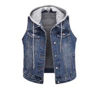 MJGkhiy Gilet Jeans Donna Corto Elegante Strappati Giubbino Jean Smanicato Casual Moda Senza Maniche Giacche con Cappuccio Curvy Button Up Denim Jacket Primavera Autunno