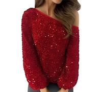 MJGkhiy Maglia Donna Elegante con Paillettes Capodanno Manica Lunga Maglietta Sequin Curvy Girocollo Sparkly T Shirt Glitter Rosso Cerimonia Top Brillantini Party Blusa Natale Camicette Magliette