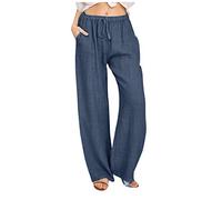 MJGkhiy Pantaloni Donna Estivi Leggeri Comodi Cotone Lino Pantaloni Casual Larghi Tinta Unita Pantaloni Boho Spiaggia Pantaloni Elegante Gamba Dritta Pants Traspirante Lungo Pantalone con Coulisse