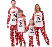 MJGkhiy Pigiama Natale Famiglia,2025 Pigiami Coordinati Natalizio Famiglia Due Pezzi Maglietta Renna Stampa Lettere e Pantaloni a Quadri Rosso,Coppia Pyjamas Christmas per papà Mamma Bambino Neonato1