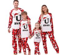MJGkhiy Pigiama Natale Famiglia,2025 Pigiami Coordinati Natalizio Famiglia Due Pezzi Maglietta Renna Stampa Lettere e Pantaloni a Quadri Rosso,Coppia Pyjamas Christmas per papà Mamma Bambino Neonato1