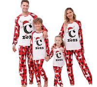 MJGkhiy Pigiama Natale Famiglia,2025 Pigiami Coordinati Natalizio Famiglia Due Pezzi Maglietta Renna Stampa Lettere e Pantaloni a Quadri Rosso,Coppia Pyjamas Christmas per papà Mamma Bambino Neonato
