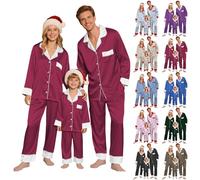 MJGkhiy Pigiama Natale Famiglia Coordinati Seta Pigiami Abbinati Coppia Natalizio Due Pezzi Aperto Davanti Camicia con Bottoni e Pantaloni Lunghi Set Pigiami Natalizi Famiglia per Bambino papà Mamma1