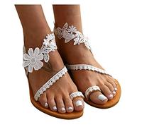 MJGkhiy Sandali Donna Estive Comode Sandali con Cinturino Casual Infradito Bassi Eleganti con Cinturino alla Caviglia Sandali Da Spiaggia Strass Scarpe da Sposa in Pizzo, Bianco 2, 38 EU