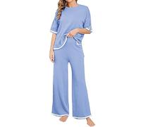 MJGkhiy Tuta Maglia Donna Completa Elegante Set Tute In Maglia Due Pezzi Set Coordinato Tuta Casual Lavorati Maglione a Maniche Corta Pullover Top e Pantaloni a Gamba Larga Completi Per La Casa