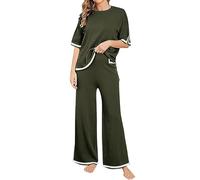 MJGkhiy Tuta Maglia Donna Completa Elegante Set Tute In Maglia Due Pezzi Set Coordinato Tuta Casual Lavorati Maglione a Maniche Corta Pullover Top e Pantaloni a Gamba Larga Completi Per La Casa
