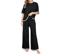 MJGkhiy Tuta Maglia Donna Completa Elegante Set Tute In Maglia Due Pezzi Set Coordinato Tuta Casual Lavorati Maglione a Maniche Corta Pullover Top e Pantaloni a Gamba Larga Completi Per La Casa