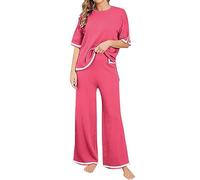 MJGkhiy Tuta Maglia Donna Completa Elegante Set Tute In Maglia Due Pezzi Set Coordinato Tuta Casual Lavorati Maglione a Maniche Corta Pullover Top e Pantaloni a Gamba Larga Completi Per La Casa