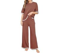 MJGkhiy Tuta Maglia Donna Completa Elegante Set Tute In Maglia Due Pezzi Set Coordinato Tuta Casual Lavorati Maglione a Maniche Corta Pullover Top e Pantaloni a Gamba Larga Completi Per La Casa