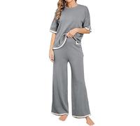 MJGkhiy Tuta Maglia Donna Completa Elegante Set Tute In Maglia Due Pezzi Set Coordinato Tuta Casual Lavorati Maglione a Maniche Corta Pullover Top e Pantaloni a Gamba Larga Completi Per La Casa