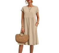 MJGkhiy Vestiti Estivi Donna Manica Corta Vestiti Casual Curvy Abito in Lino Eleganti Tinta Unita Vestito Boho Abiti al Ginocchio Larghe Abito da Spiaggia Mare Scollo a Girocollo e Tasche