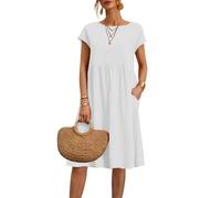 MJGkhiy Vestiti Estivi Donna Manica Corta Vestiti Casual Curvy Abito in Lino Eleganti Tinta Unita Vestito Boho Abiti al Ginocchio Larghe Abito da Spiaggia Mare Scollo a Girocollo e Tasche