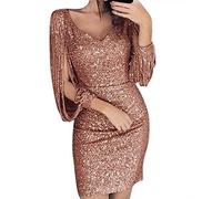MJGkhiy Vestito con Paillettes Donna Corto Elegante Curvy Natalizio Abito Cerimonia Manica Lunga Frange Vestiti Capodanno Scollo a V Sera Natale Abiti Festa Carnevale