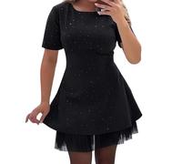 MJGkhiy Vestito Donna Elegante Cerimonia Corto Pizzo Abiti Glitter Girocollo Capodanno Manica Corta Abito Paillettes Sera Moda Curvy Vestiti Brillantini Carnevale Cocktail Festa