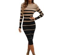 MJGkhiy Vestito Donna Maglia Lana Invernale Lungo Aderente Vestiti Pullover Elegante Girocollo Lavorato Abito Maglione Moda Elasticizzato Manica Lunga Strisce Abiti Maglioni