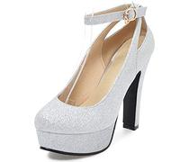 MJIASIAWA Bride con Cinturino alla Caviglia Brillantini Sposa Tacco Alto Plateau Pump Vestito Sequin Donna Serata Tacco A Blocco Pump Argento Numero 37 EU/38 Asiatico