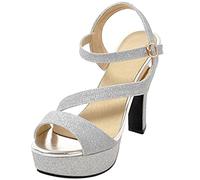 MJIASIAWA Bride Sposa Peep Toe Strappy Con Cinturino Alla Caviglia Plateau Tacco Alto Sandali Brillantini Vestito Eleganti Tacco A Blocco Serata Scarpe Argento Numero 35 Eu
