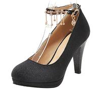 MJIASIAWA Bride Tacco Alto Sposa con Cinturino alla Caviglia Eleganti Closed Toe Pump Sequin Formal Vestito Donna Plateau Pump Nero Numero 31 EU