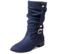 MJIASIAWA Donna Inverno Appuntito Casuale A Collo Alto Stivali Arricciati Senza Chiusura Equestrian Tacco Basso Warm Stivali Da Neve Blu/Dl Numero 38 EU/39 Asiatico
