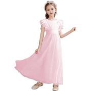 Mjjsk Abiti da ragazza con maniche a volant estate elegante una linea abito da festa di nozze damigella d'onore ballo di fine anno fiore ragazza abito per bambini Boho Flowy Maxi abito, rosa, 13-14