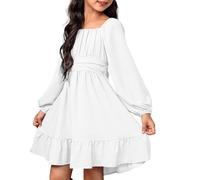 Mjjsk Abito da Festa per Bambina, Autunnale, a Manica Lunga, con Fiocco Dietro, Volant Principesco, per Matrimonio, Compleanno, Abito Casual per Bambina, Semplice, a Linea, bianco, 12-13 Anni