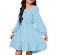 Mjjsk Abito da Festa per Bambina, Autunnale, a Manica Lunga, con Fiocco Dietro, Volant Principesco, per Matrimonio, Compleanno, Abito Casual per Bambina, Semplice, a Linea, Azzurro, 10-11 Anni