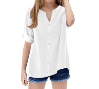 Mjjsk Camicie da ragazza con bottoni in cotone e lino moda estate manica corta tinta unita camicia di base per bambini traspirante leggera casual morbida top, Y2-1-bianco, 14-15 Anni