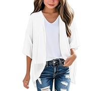Mjjsk Cardigan aperto sul davanti estivo in chiffon coprispalle casual scialle top leggero sciolto spiaggia copertura up comfort pianura kimono camicette, bianco, 9-10 Anni