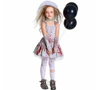 Mjjsk Costume di Halloween per ragazze, fantasma insanguinato, abiti spaventosi, zombie, abito da sposa, per feste e carnevale, bianco, 8-10 Anni