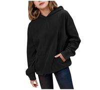 Mjjsk Felpa con cappuccio per bambini e ragazze, tinta unita, classica, casual, a maniche lunghe, leggera, morbida, per la scuola, alla moda, Nero , 12-13 Years