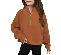 Mjjsk Maglione da ragazza con mezza zip, alla moda, a maniche lunghe, per la scuola, casual, morbido, per bambini, tinta unita, abbigliamento comodo per bambini, Marrone, 13-14 Years