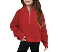 Mjjsk Maglione da ragazza con zip a quarto alla moda autunno inverno pullover felpa per bambini casual a maniche lunghe top con foro per il pollice maglione alla moda, Rosso, 11-12 Years