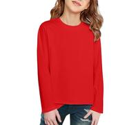 Mjjsk T-shirt a maniche lunghe per ragazze T-shirt per bambini tinta unita girocollo casual maglietta morbida e confortevole per la scuola magliette per bambini pullover per tutti i giorni, Rosso, 13