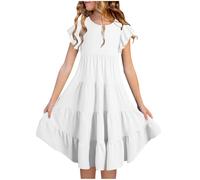 Mjjsk Vestiti estivi per bambine con maniche a volant a più livelli casual per feste a una linea abbigliamento per bambini per vacanze, compleanno, matrimonio, scuola A01, bianco, 14-15 Anni